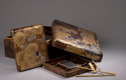 JAPAN, Meiji period (1868-1912). Lacquer Suzuribako with silver and gold takamaki-e...
