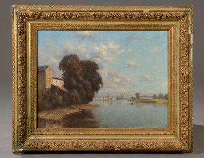 null André MARTIAL (19th - 20th century). 

 Logs on the river.

Oil on canvas signed...