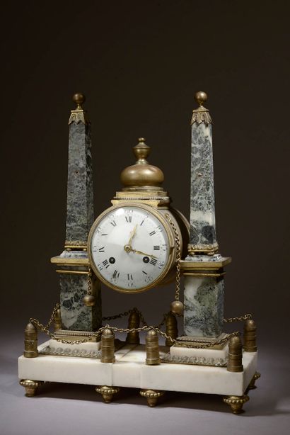  Portico clock in sea-green marble, white marble and gilt bronze, the case supported...