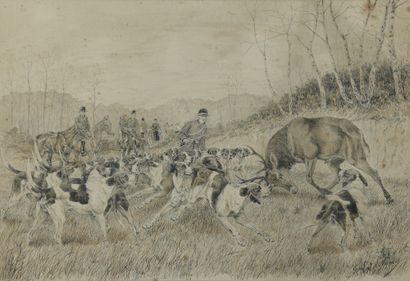  Georges LAROCQUE (France, 1839-1932) Scènes de chasse à courre. Trois encres signées...