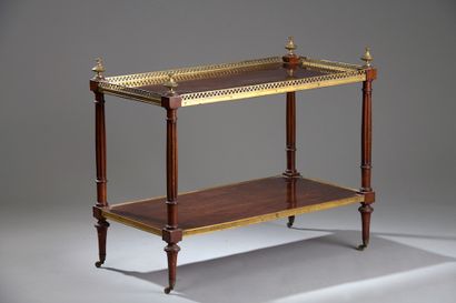  Mahogany and tiger mahogany veneer side table, the upper shelf with brass gallery...