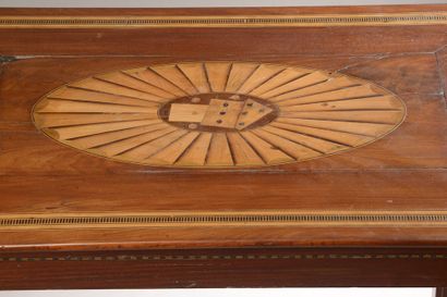  Rectangular game table, the top decorated with an inlaid card game in a radial oval...