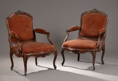  Pair of armchairs with moulded and carved...