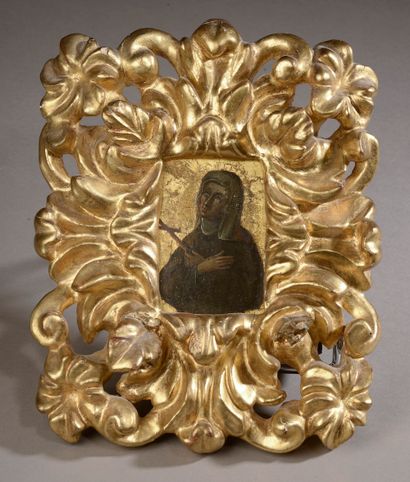  School of the XVIIIth century. Penitent nun on a golden background. Oil on copper...