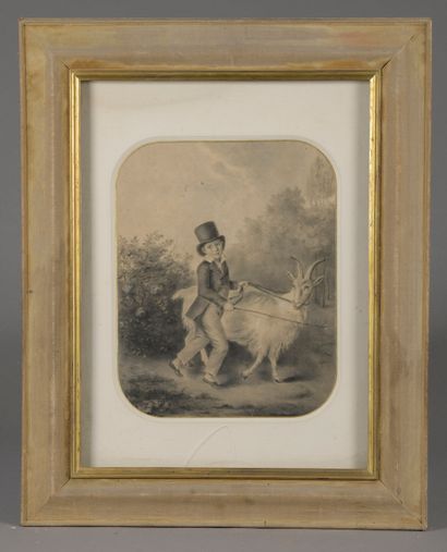  French school of the 19th century. Portrait of a child with a goat. Graphite and...