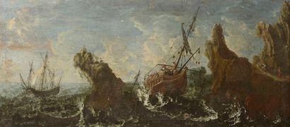  Attributed to Matthieu Van PLATTENBERG (circa 1608 - 1660). Sailors in heavy weather...