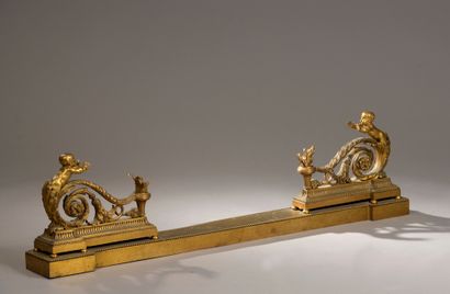 null 
Pair of chased and gilded bronze andirons representing a child on an acanthus...