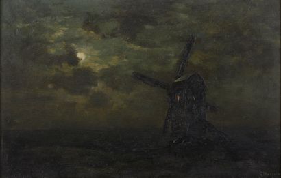 Georges Philibert Charles MARONIEZ (1865-1933). Moulin au crépuscule. Huile sur...