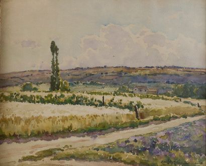 null Claude Honoré HUGREL (1880-1944). 

 Country landscape, shepherdess below the...