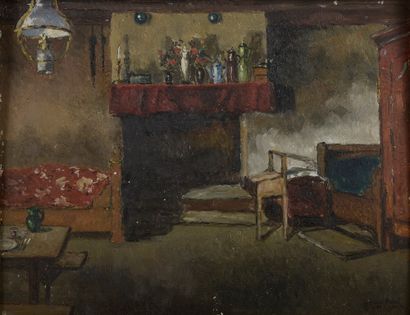 null Jean-Paul GUINEGAULT (1918-2009). 

 Interior with a fireplace ; Flowered entrance.

Two...