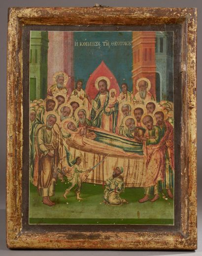 null École grecque du XIXe siècle.

La Dormition de la Vierge.

Tempera sur bois.

Haut....