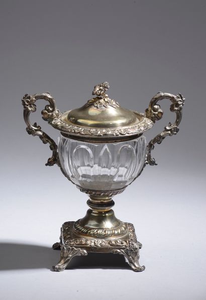 null Silver and cut crystal jam cup, the frame stamped with foliage, the holds and...