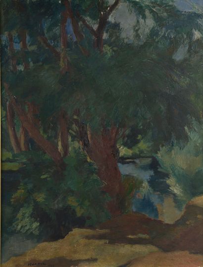 null Charles KVAPIL (1884-1957).

Arbres devant l'étang. 

Huile sur toile signée...