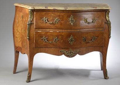 null Chest of drawers inlaid with flowers, with front and sides bulging, resting...