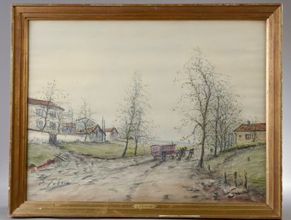 null Édouard FEBVRE (1885-1967).

Vue de village à la roulotte.

Aquarelle signée...