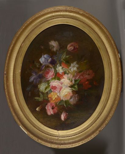  Jules Edouard DIART (1840-1890). Bouquet de fleurs. Huile sur toile à vue ovale...