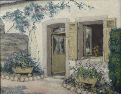 null Jean-Paul GUINEGAULT (1918-2009). 

 Interior with a fireplace ; Flowered entrance.

Two...