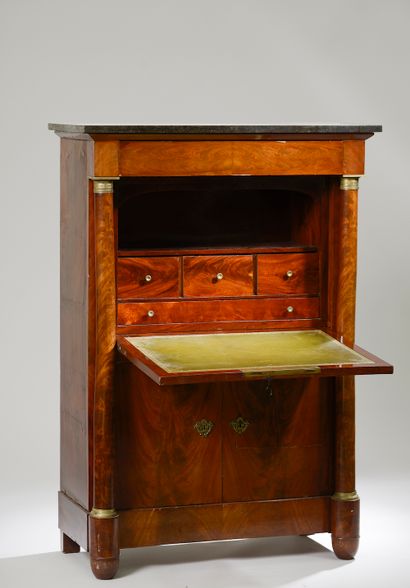 null Mahogany and flamed mahogany veneer desk with a drawer, a flap and two leaves...