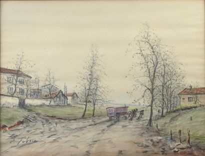 null Édouard FEBVRE (1885-1967). 

 View of a village with a caravan.

Watercolor...