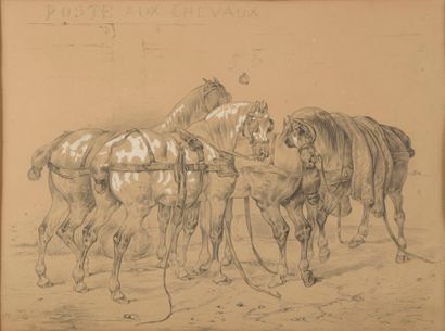  After Théodore GÉRICAULT. Horses of Post (a damaged glass). Graphite and gouache...