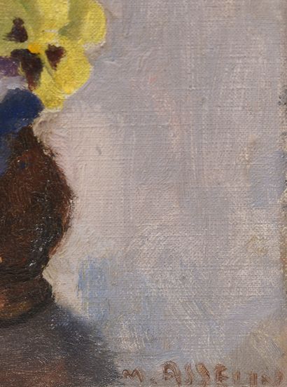  Maurice ASSELIN (1882-1947). Bouquet de pensées. Huile sur toile signée en bas à...