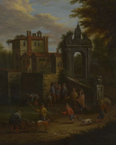 null Pieter BOUT (Bruxelles, 1658 - 1719). 

Personnages à l'entrée d'un village....
