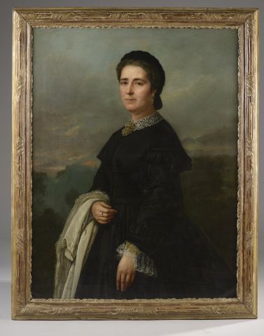 null École française vers 1860.

Portrait d'une dame en robe noire sur fond de paysage....