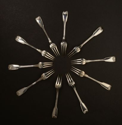 null Ten silver fruit forks, the handle with thread, the spatula decorated with a...