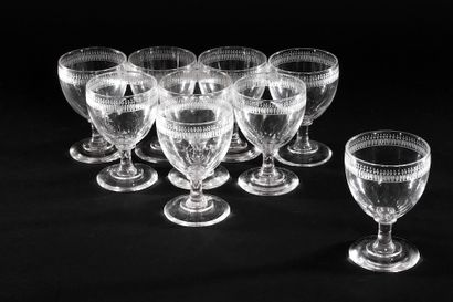 null Suite of nine large crystal glasses engraved with a frieze of flowers and water...