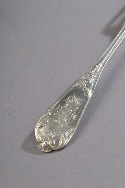 null *The spatula is finely decorated with foliage scrolls and is monogrammed. It...
