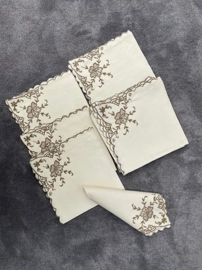 null Set including an openwork cotton tablecloth with khaki embroidery of flowers...