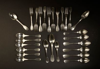 null Ten forks and seventeen spoons for entremets in silver filets model (some monogrammed,...