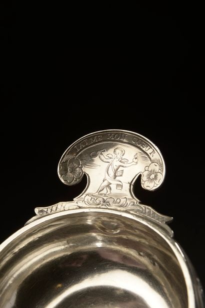 null Norman silver tasting cup called "cider cup" with thumb rest engraved with a...