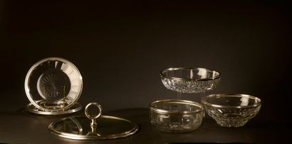 null Three salad bowls and two circular display stands in cut crystal, the lip mount...