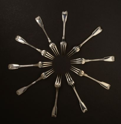 Ten silver fruit forks, the handle with thread,...