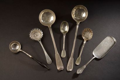 Set of silver serving pieces including an...