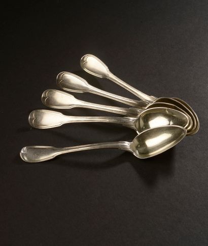 null Eleven silver teaspoons, uni-flat model, the spatula engraved with the number...