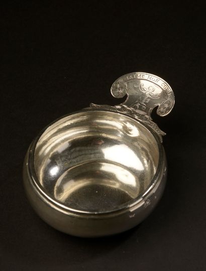 null Norman silver tasting cup called "cider cup" with thumb rest engraved with a...