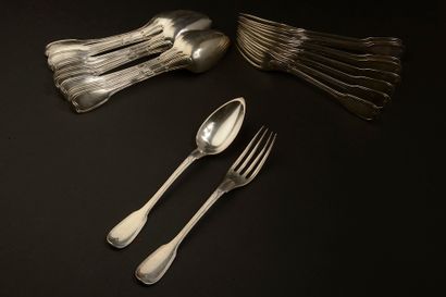 Ten silver flatware and two spoons, net pattern,...