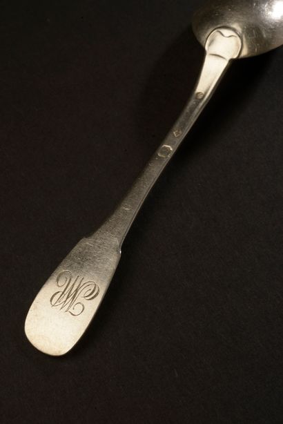 null Eleven silver teaspoons, uni-flat model, the spatula engraved with the number...