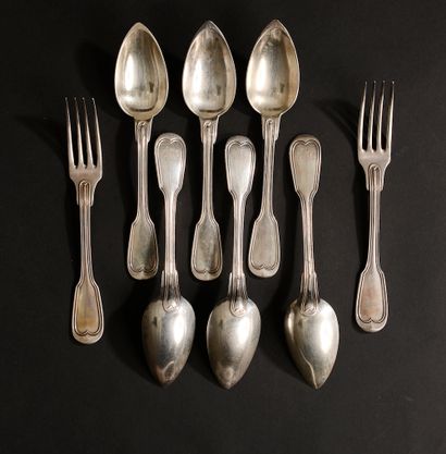 Six spoons and two forks in silver, decorated...