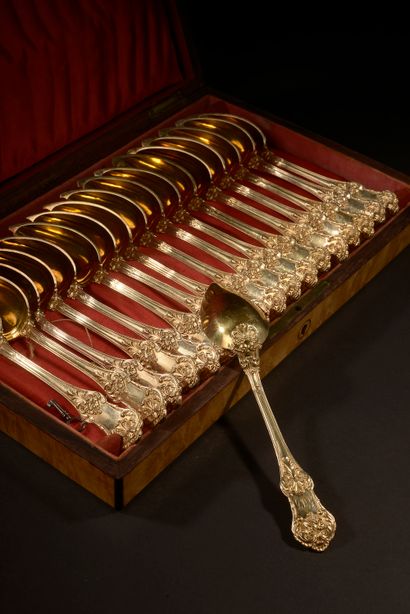 Set of eighteen silver gilt spoons, the spatula...