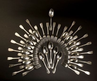 null 
Twenty-one large silver cutlery items with shell pattern, the spatula engraved...