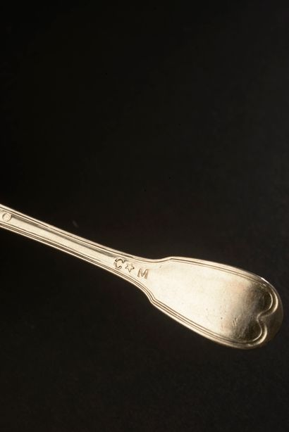 null Eleven silver teaspoons, uni-flat model, the spatula engraved with the number...