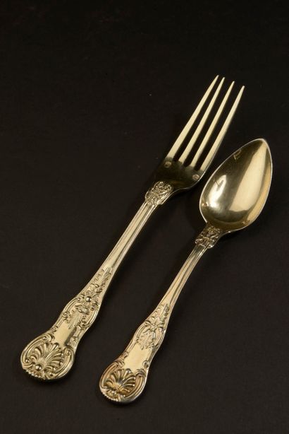 null Part of a set of vermeil dessert spoons and forks, the spatula violonée, the...