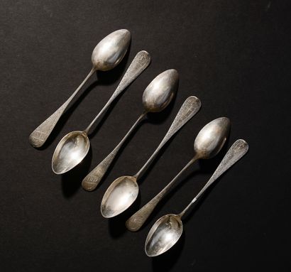 Set of six small silver spoons, the spatula...