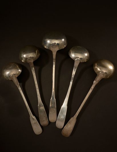 Six silver ladles, net or plain model (small...