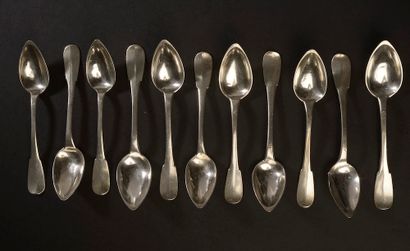 null Eleven silver teaspoons, uni-flat model, the spatula engraved with the number...