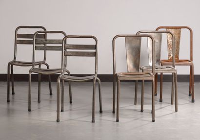 Two sets of three tubular Corten steel chairs,...
