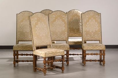 null 
Suite of six chairs in natural wood, the high back in gendarme hat, the front...